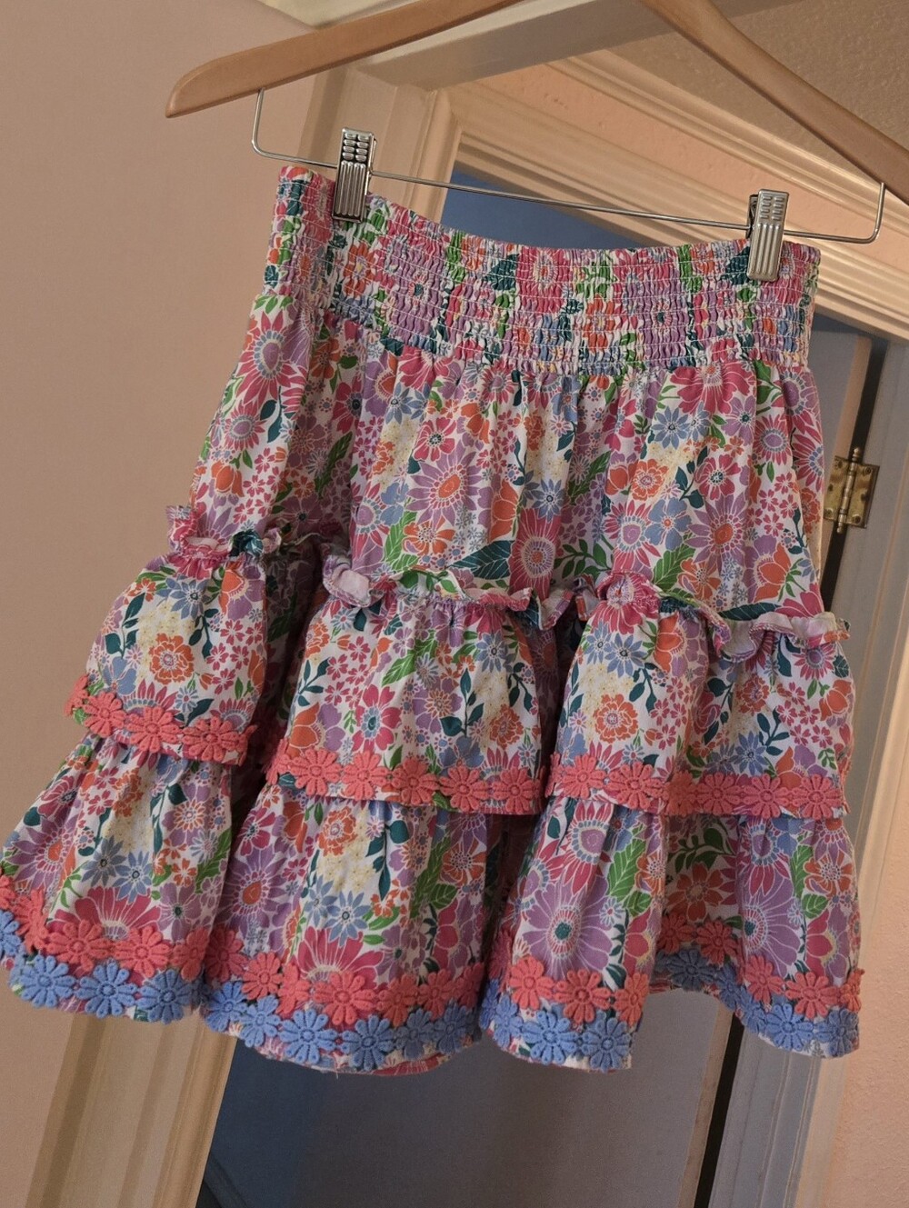 ALDEN ADAIR SMALL Floral Tiered Smocked Mini Skirt in Pink